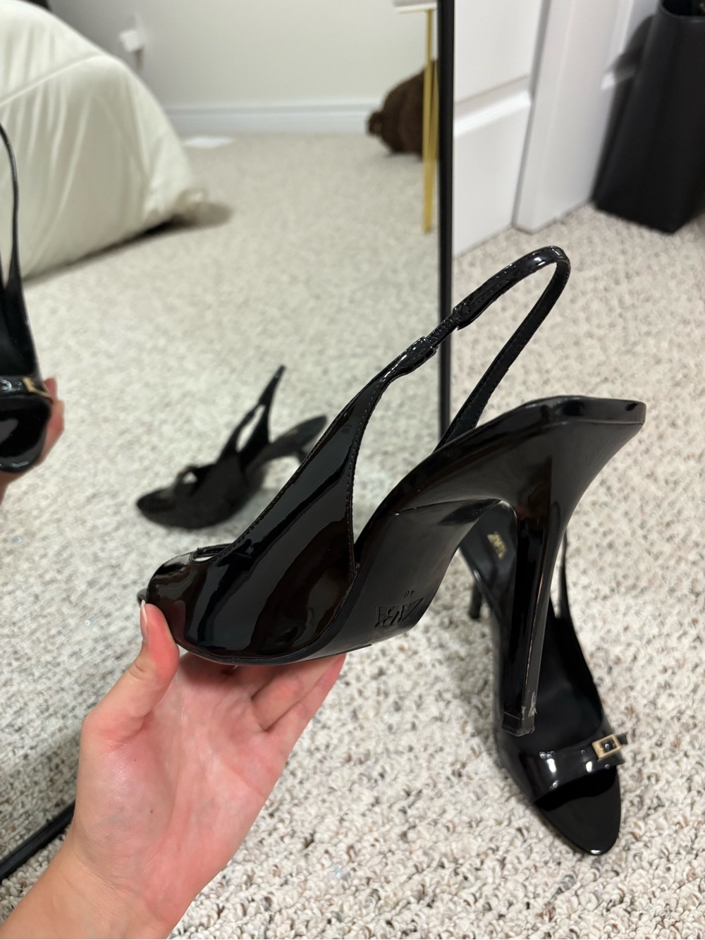 Zara Black Patent Slingback Heels with Gold Buckle - Picture 4 of 7